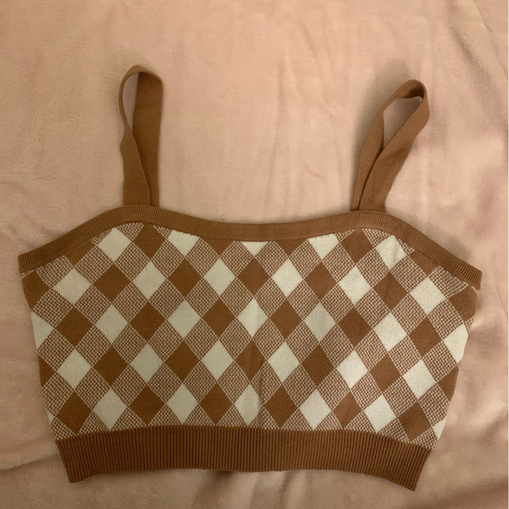 Brown and white plaid pattern crop top